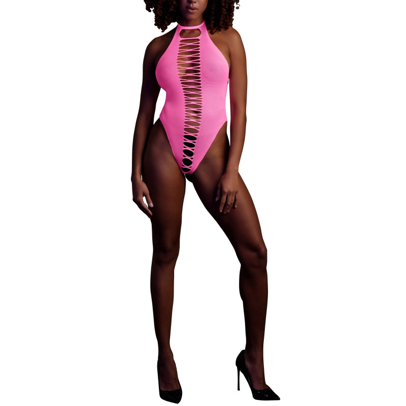 Ouch! Glow Body échancré ouvert à l'entrejambe avec dos nu Rose Fluo